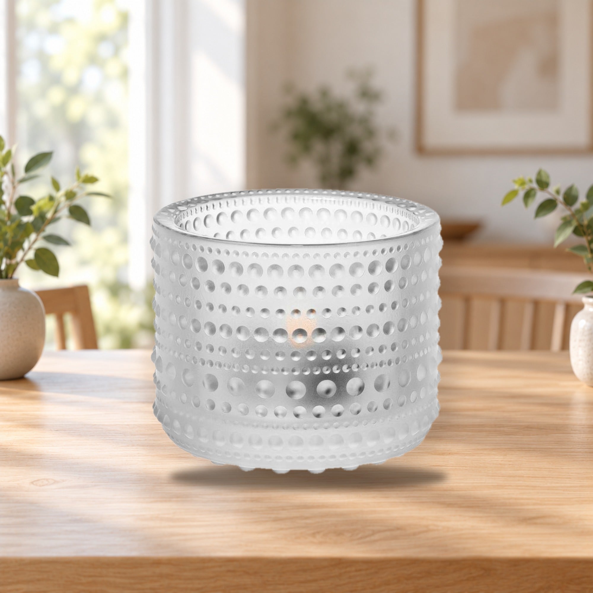 Iittala Kastehelmi Votive 64mm Matt Clear Glass Candle Holder – product photo on a table