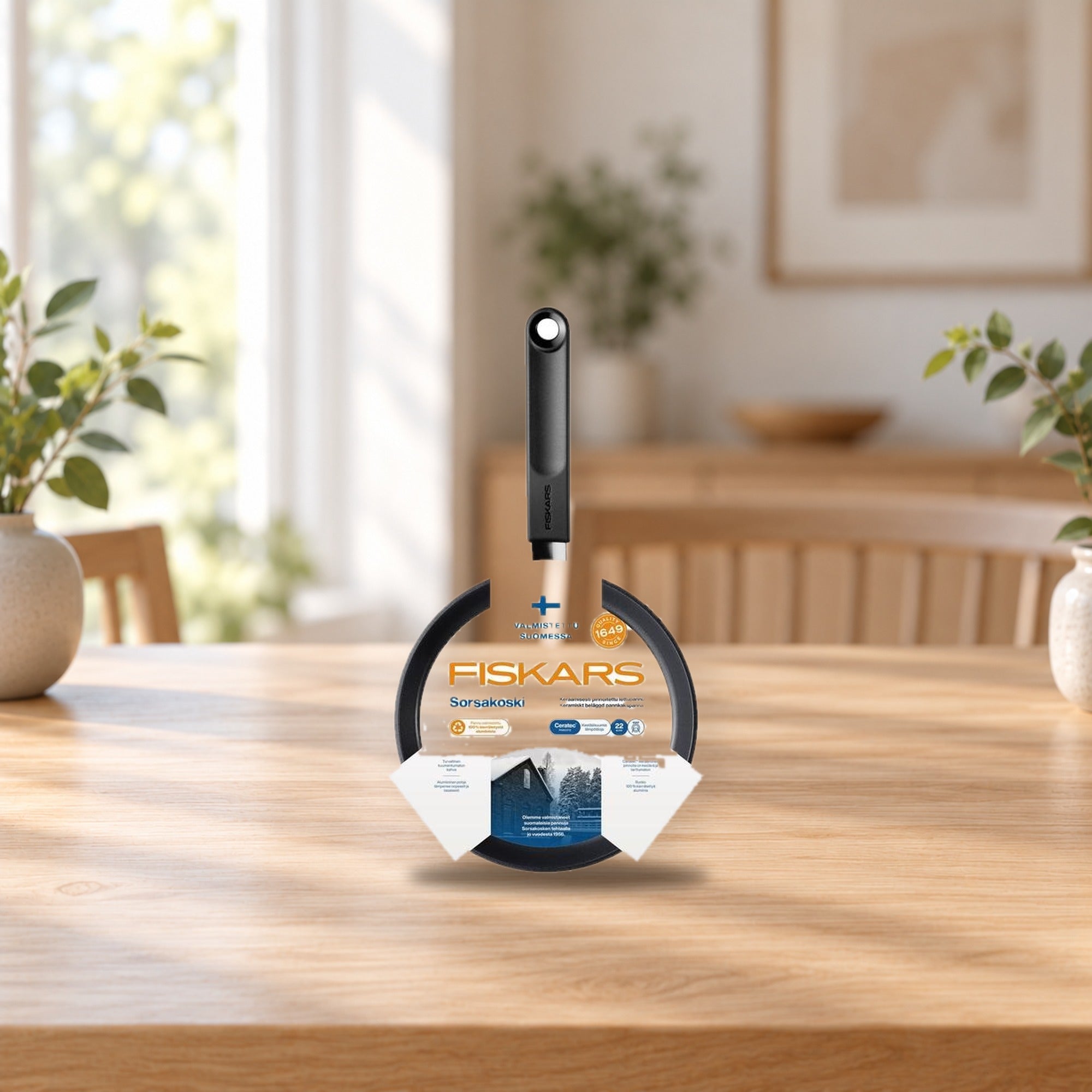 Fiskars Sorsakoski 22 cm Ceramic Pancake Pan – product photo on a table