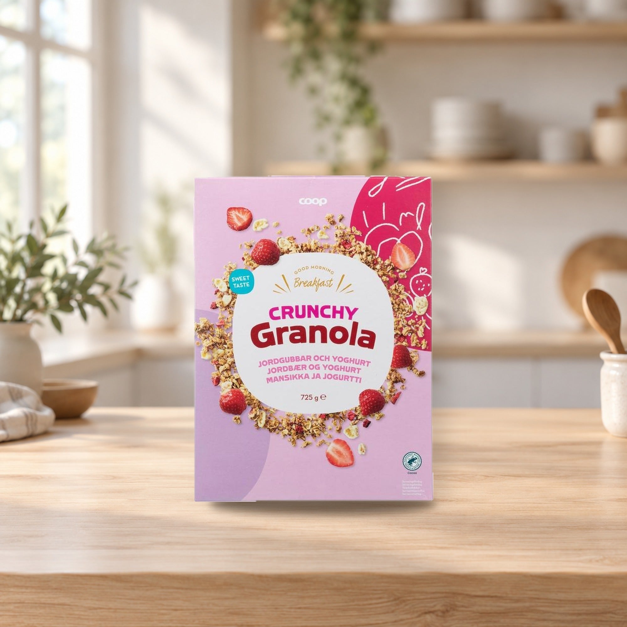 Coop Crunchy Granola Strawberry Yogurt 725g – product photo on a table