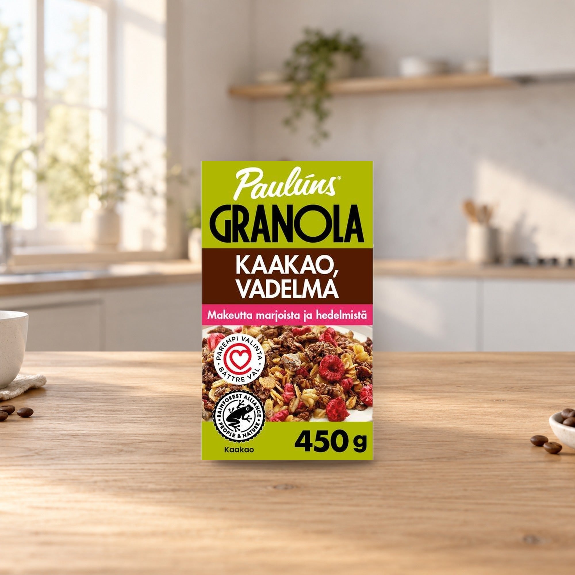 Paulúns Cocoa Raspberry Granola Cereal 450g – product photo on a table