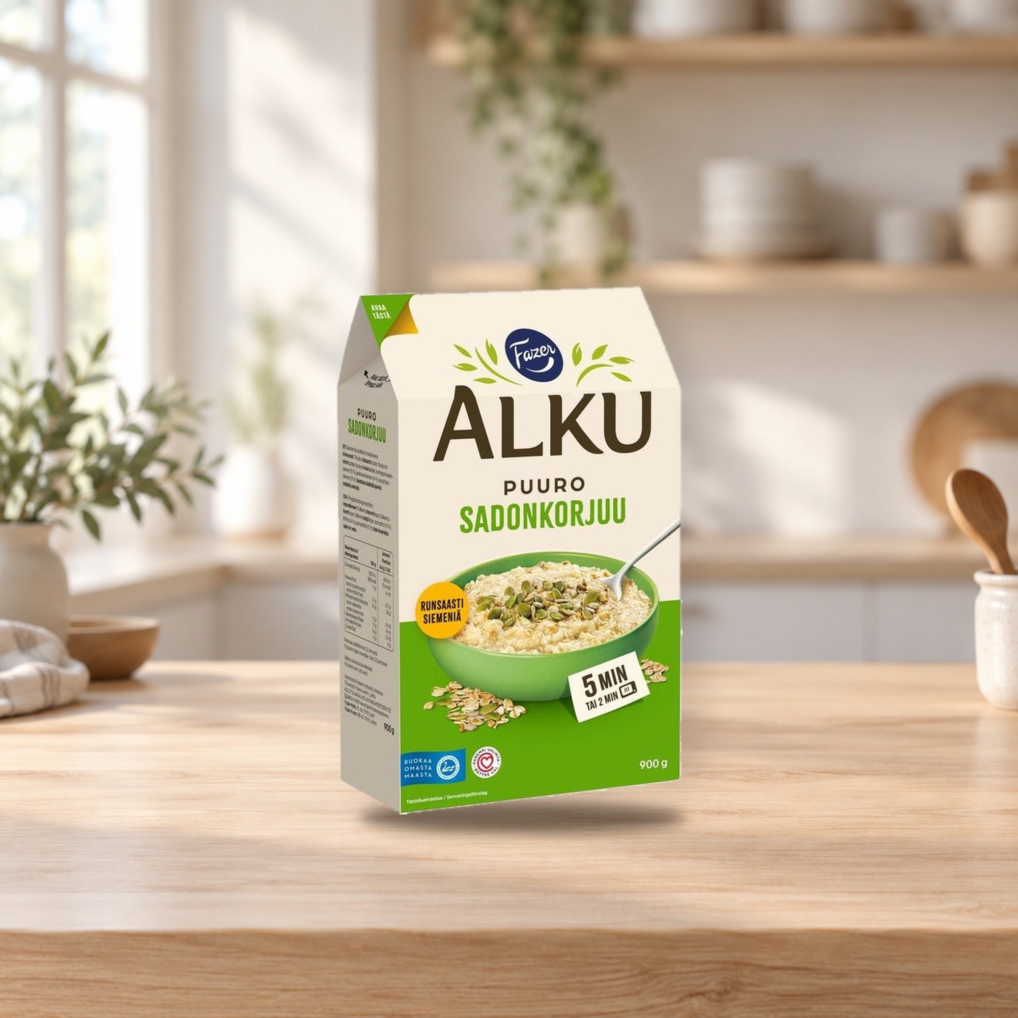 Fazer Alku Harvest Porridge 900g – product photo on a table