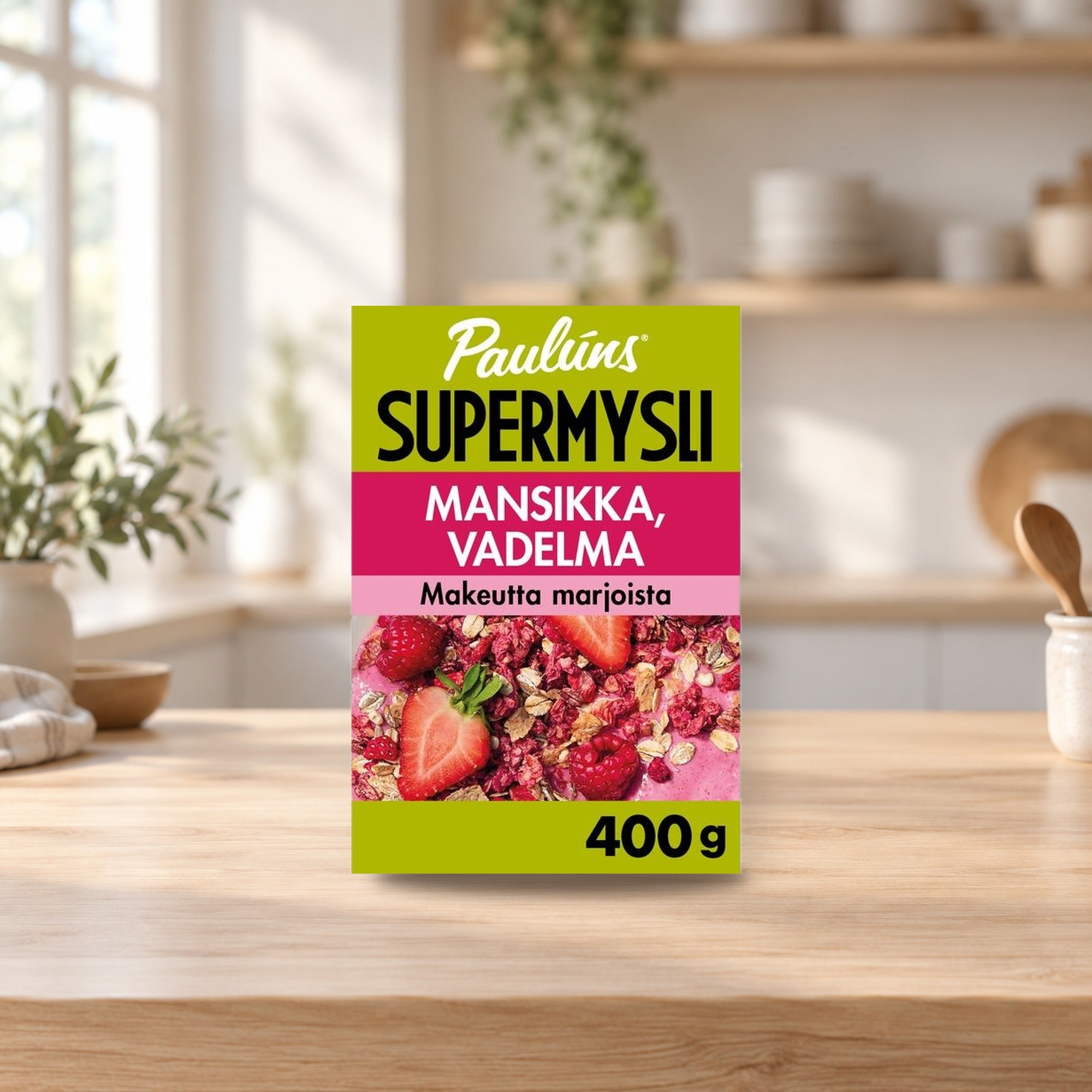 Paulúns Strawberry Raspberry Super Muesli 400g – product photo on a table