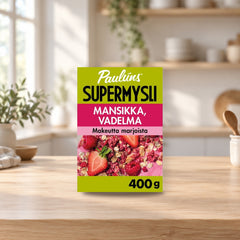 Paulúns Strawberry Raspberry Super Muesli 400g – product photo on a table