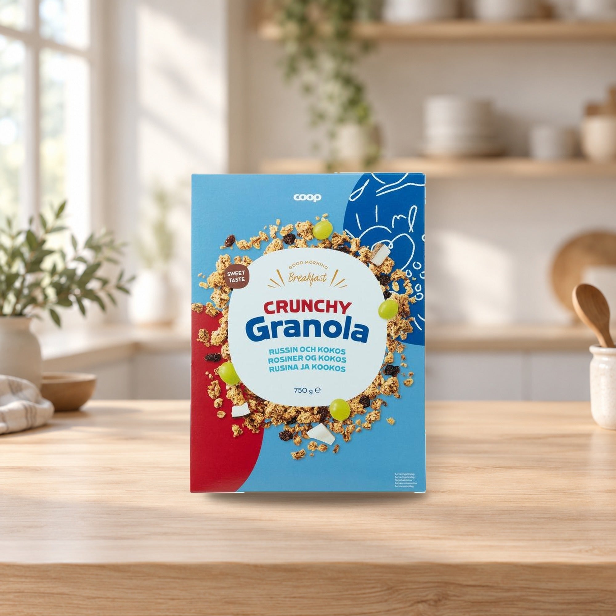 Coop Crunchy Granola Raisin & Coconut 750g – product photo on a table