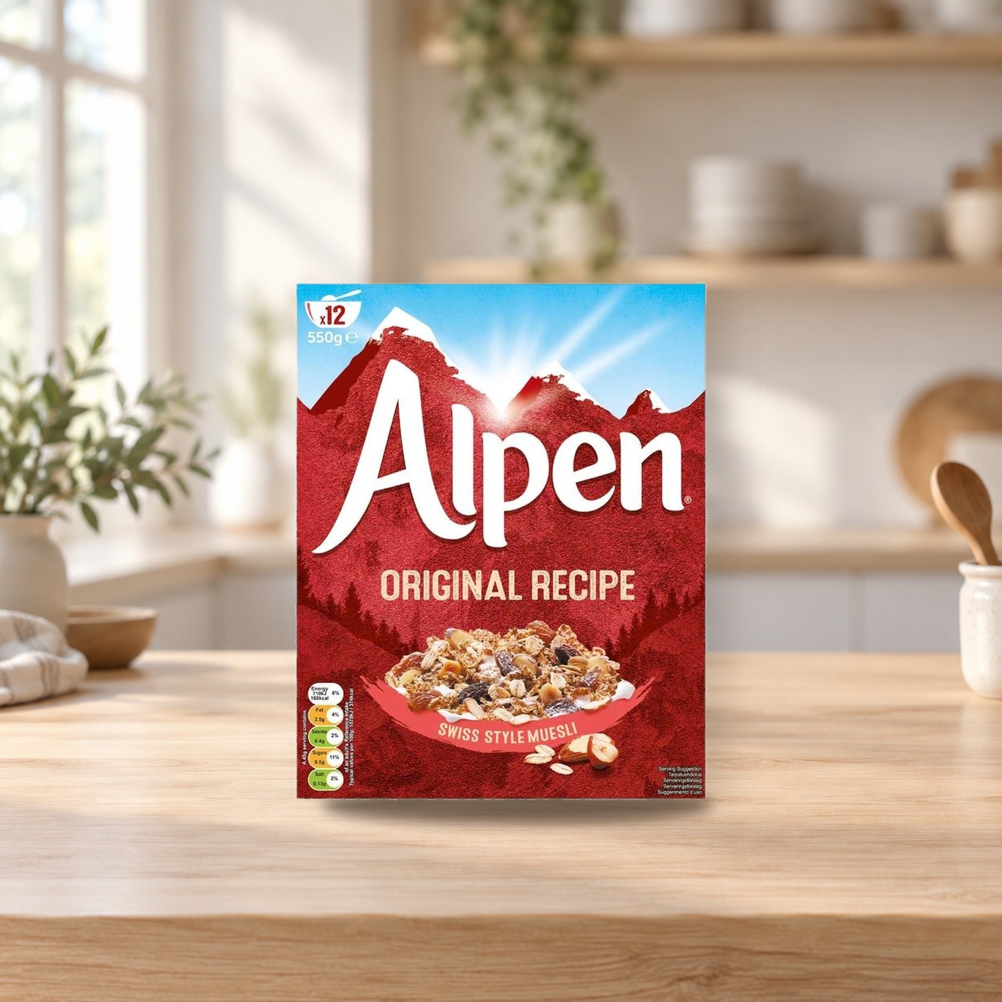 Alpen Original Muesli 550g – product photo on a table