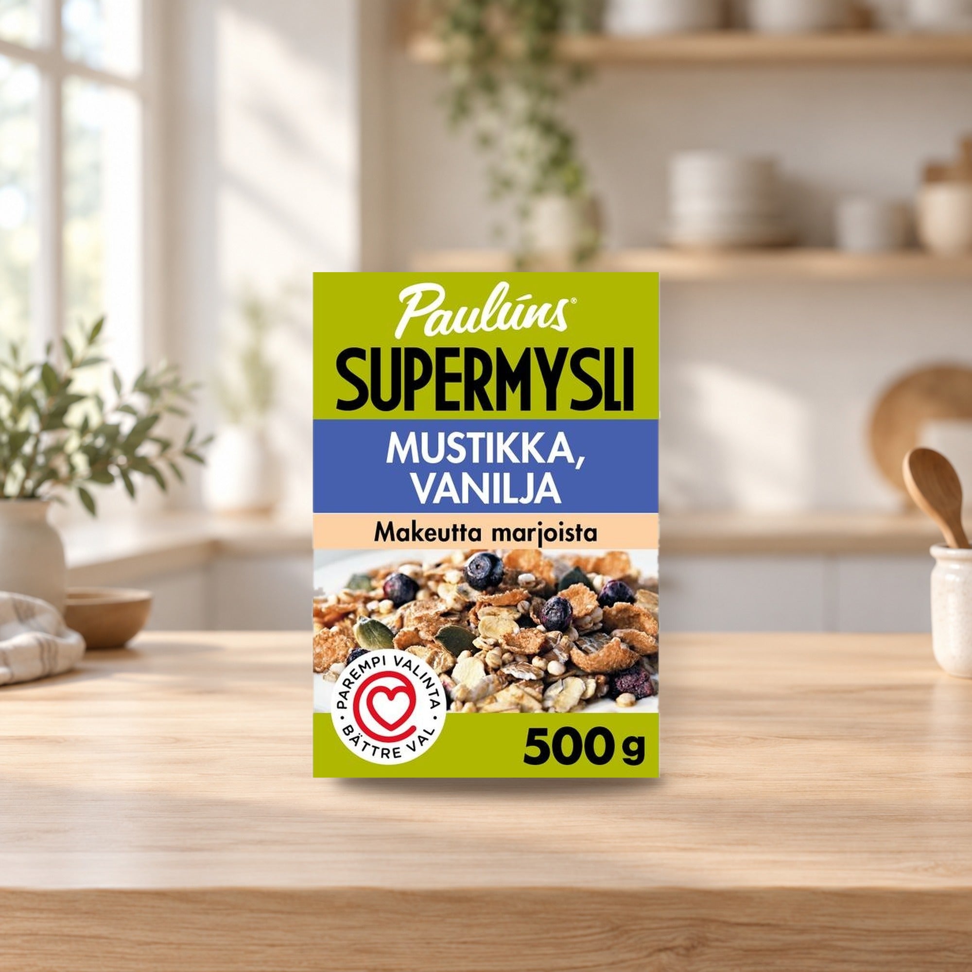 Paulúns Blueberry & Vanilla Muesli 500g (Mustikka ja Vanilja) – product photo on a table