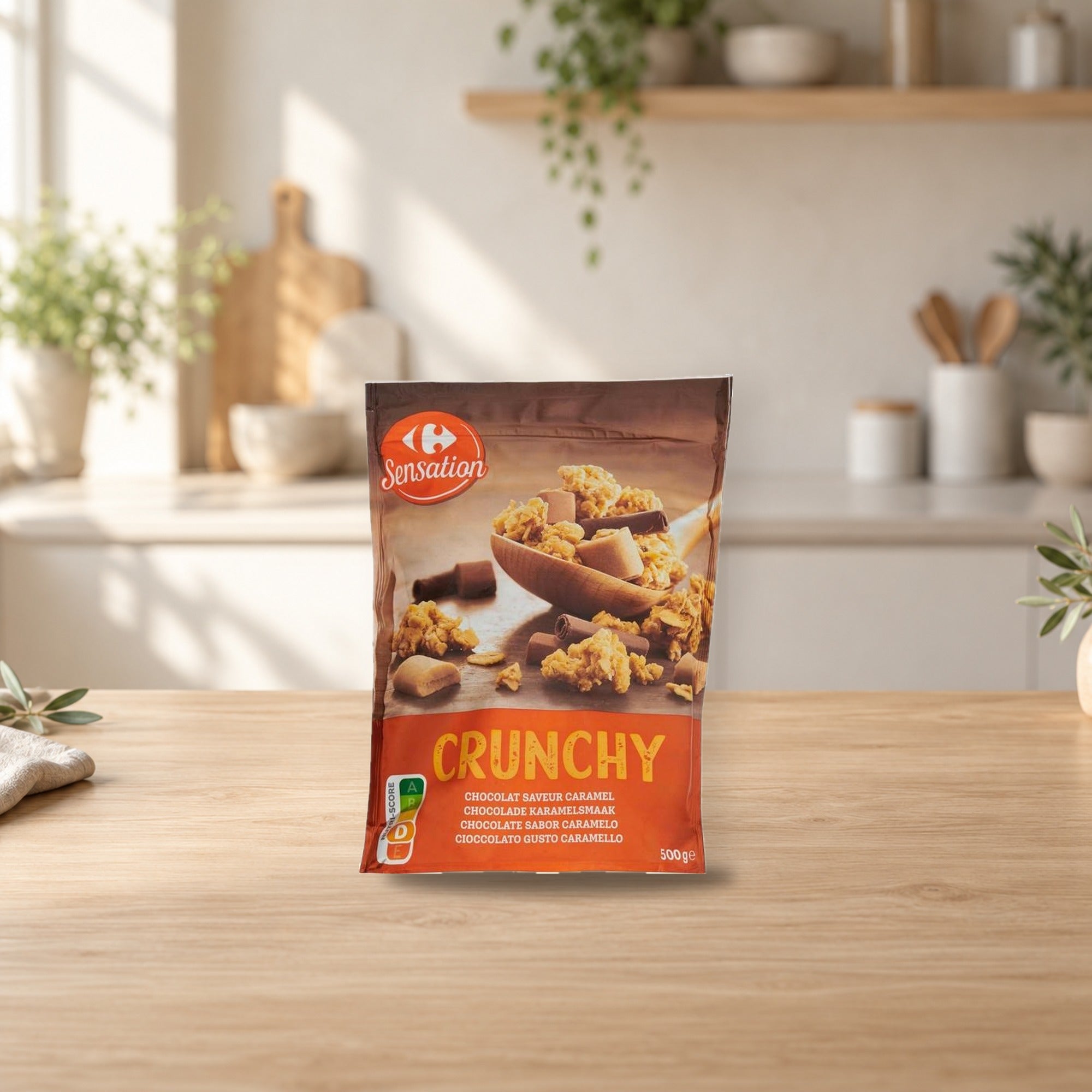 Carrefour Crunchy Chocolate Caramel Cereal Muesli 500g – product photo on a table