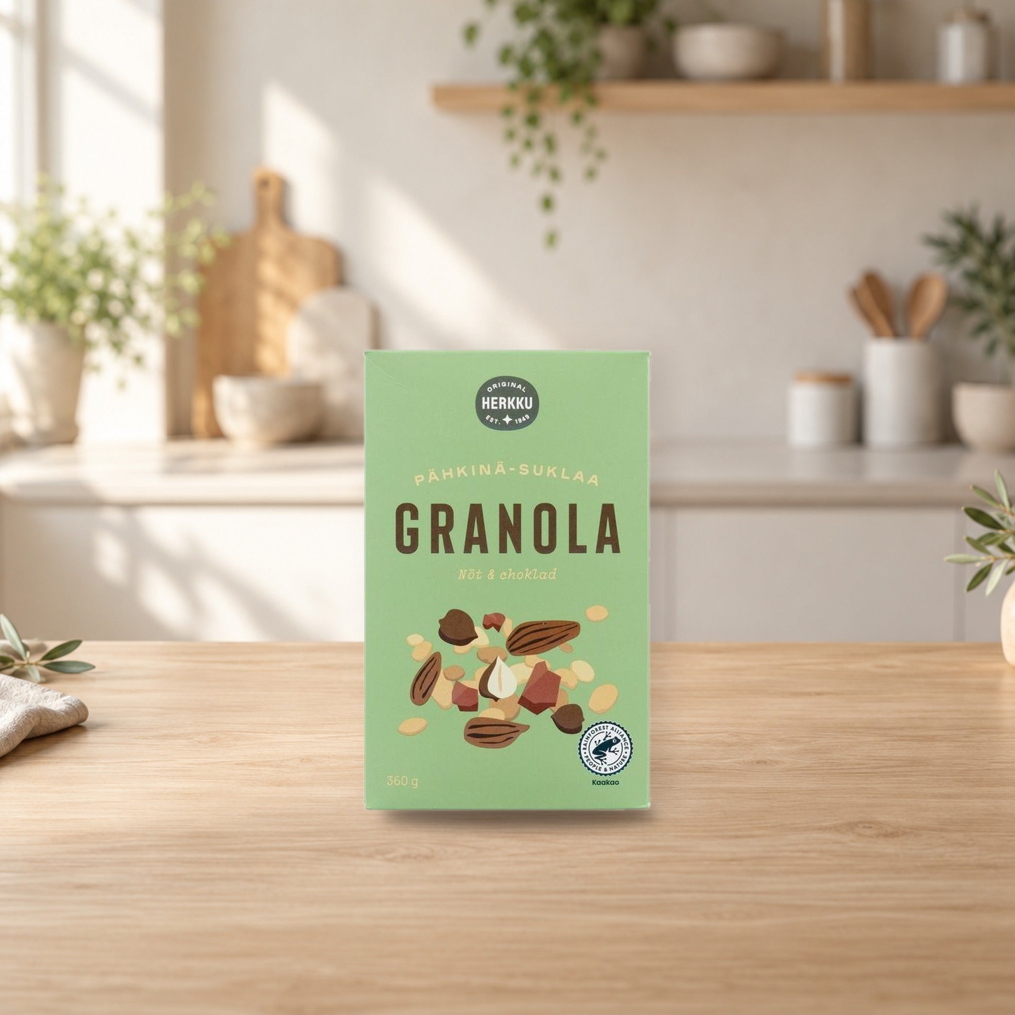 Herkku Granola Nut-Chocolate 360g – product photo on a table