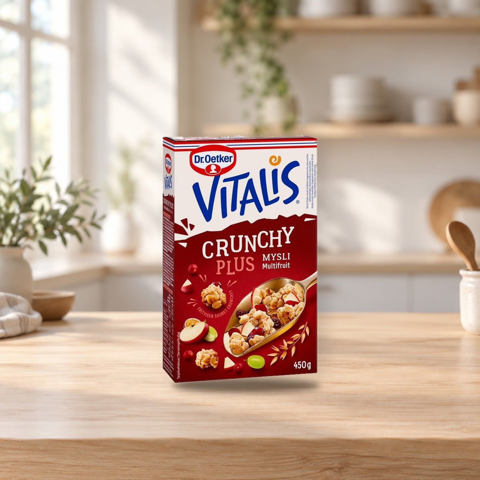 Dr. Oetker Vitalis Crunchy Plus Multifruit Muesli 450g – product photo on a table