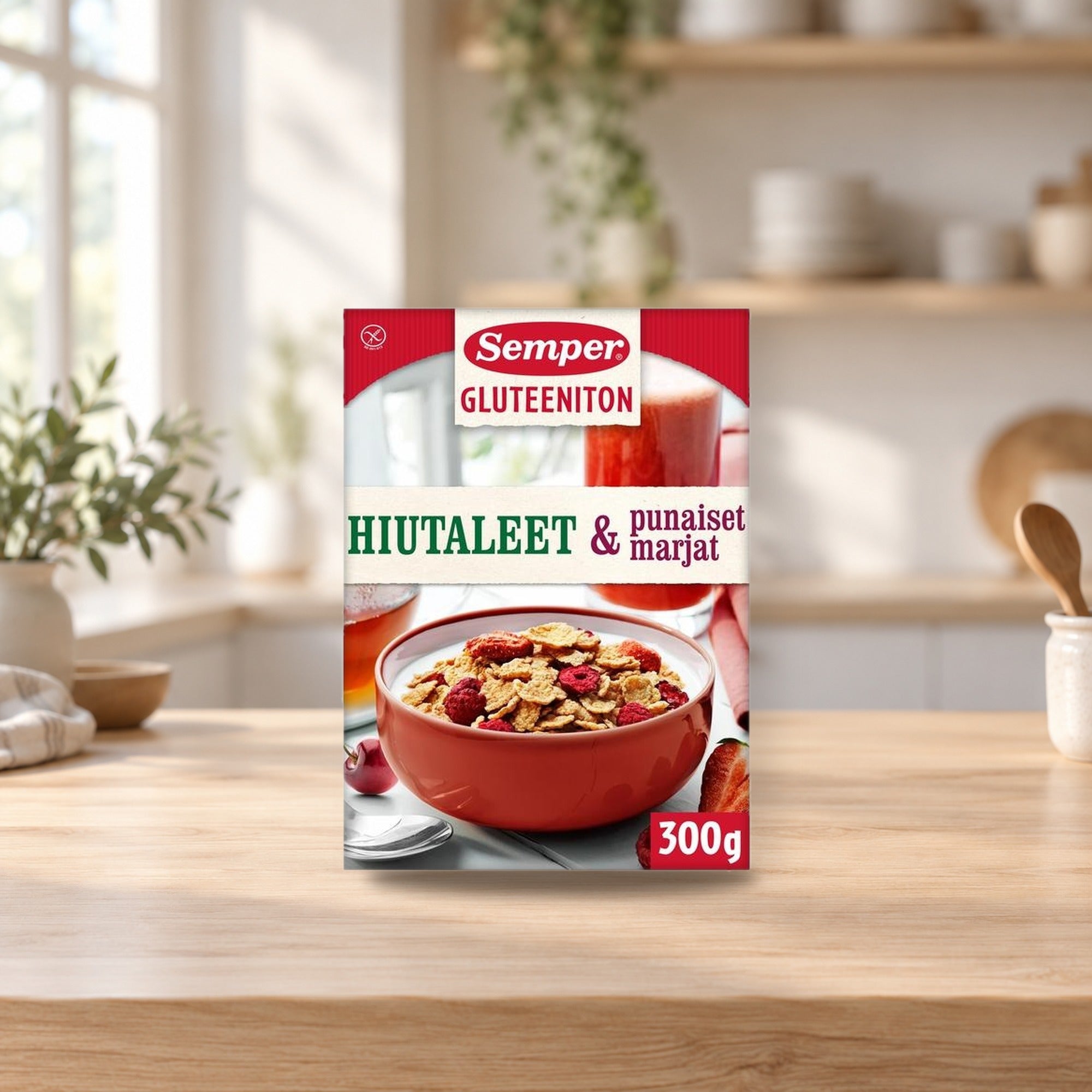 Semper Gluten-Free Flakes & Red Berries Cereal 300g – product photo on a table