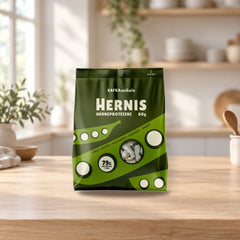 Hernis Pea Protein Strips 80g – product photo on a table