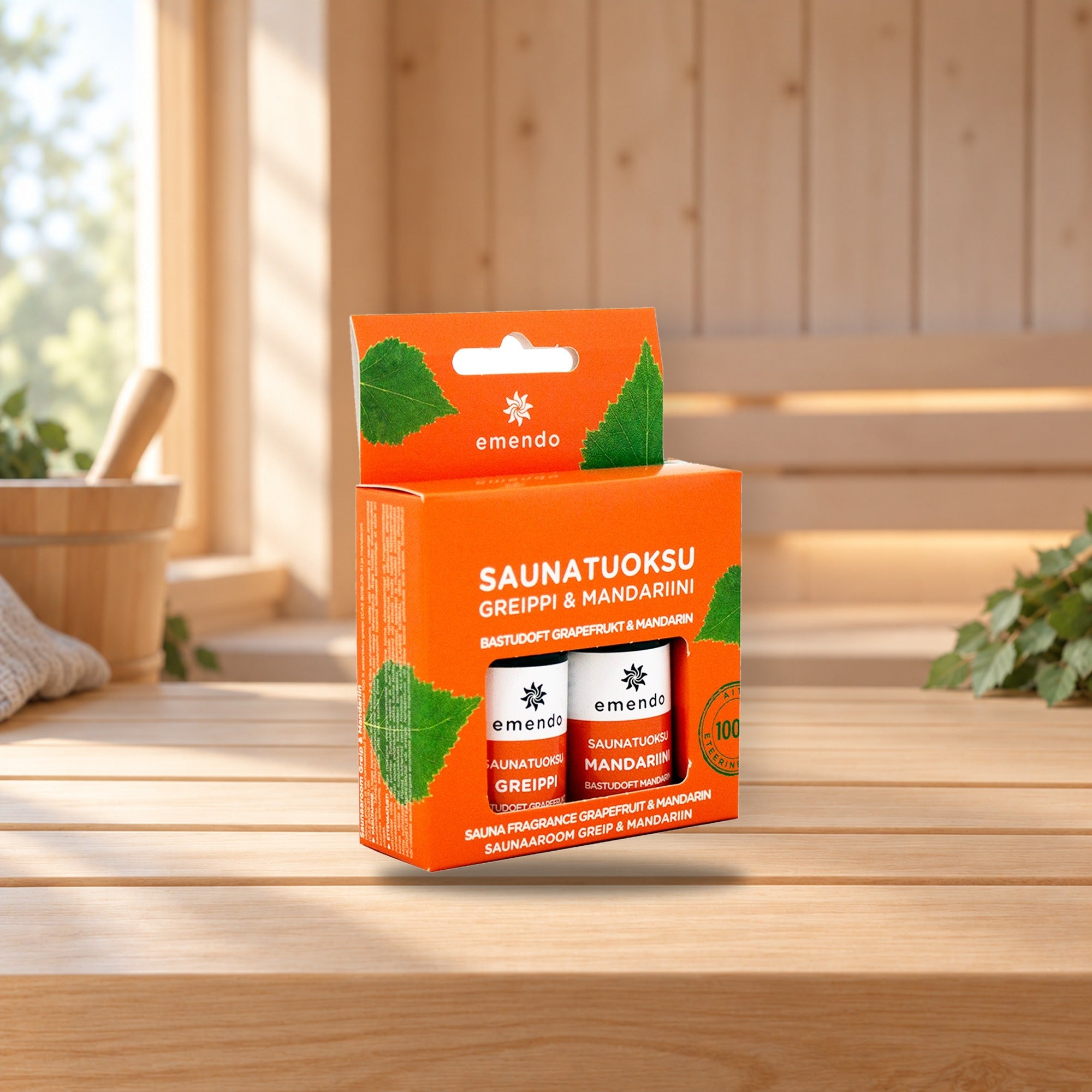 Emendo 2x10ml sauna fragrances grapefruit and mandarin – product photo on a table