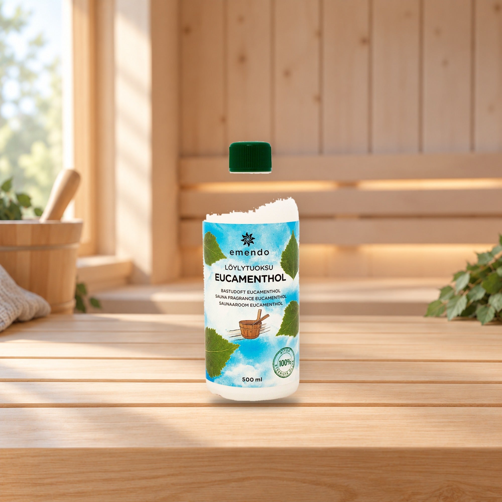 Emendo 500 ml sauna fragrance Eucamenthol – product photo on a table