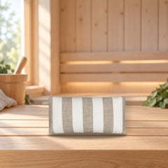 House Sauna Pillow Stripe Beige – product photo on a table