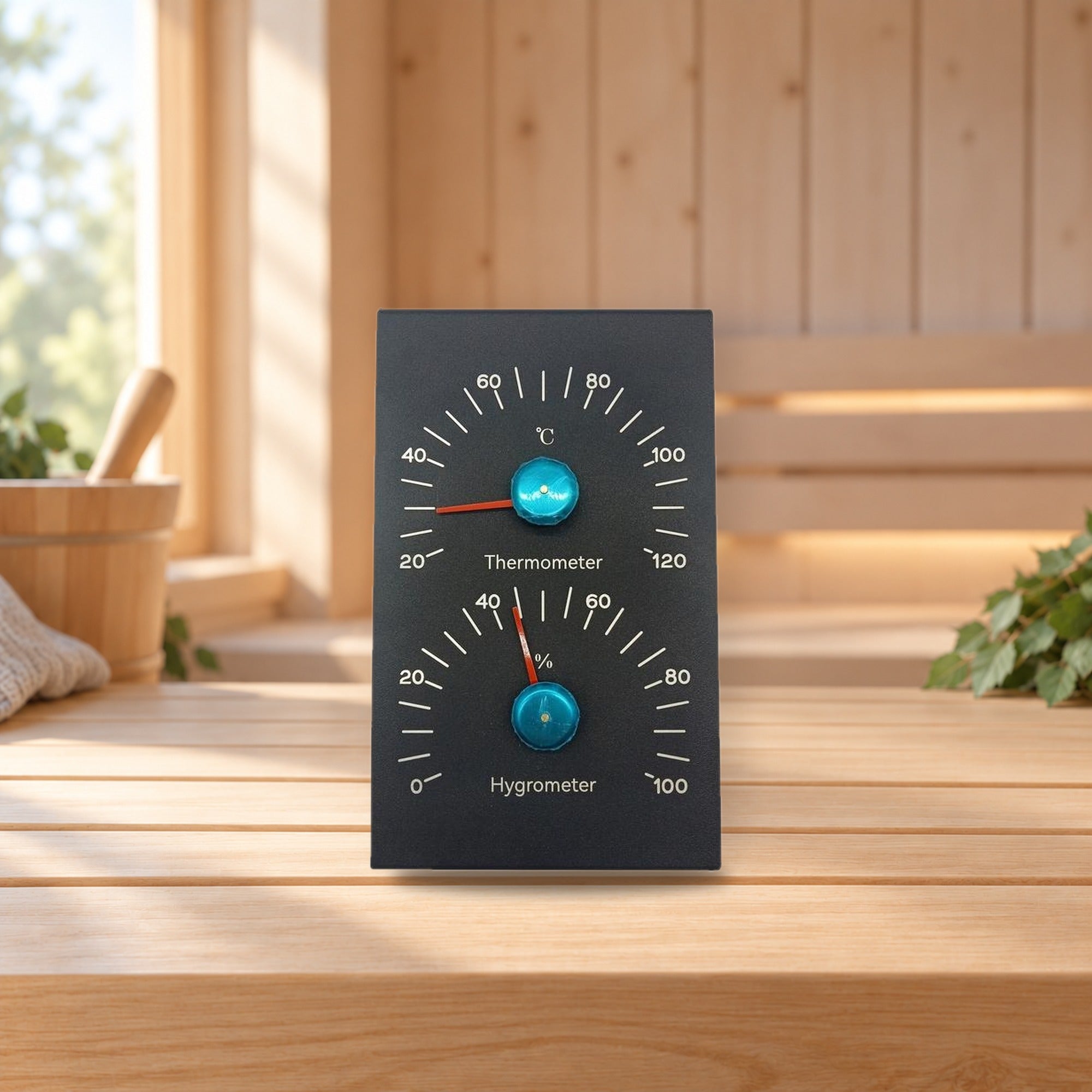 Sauna Temperature and Humidity Meter – product photo on a table