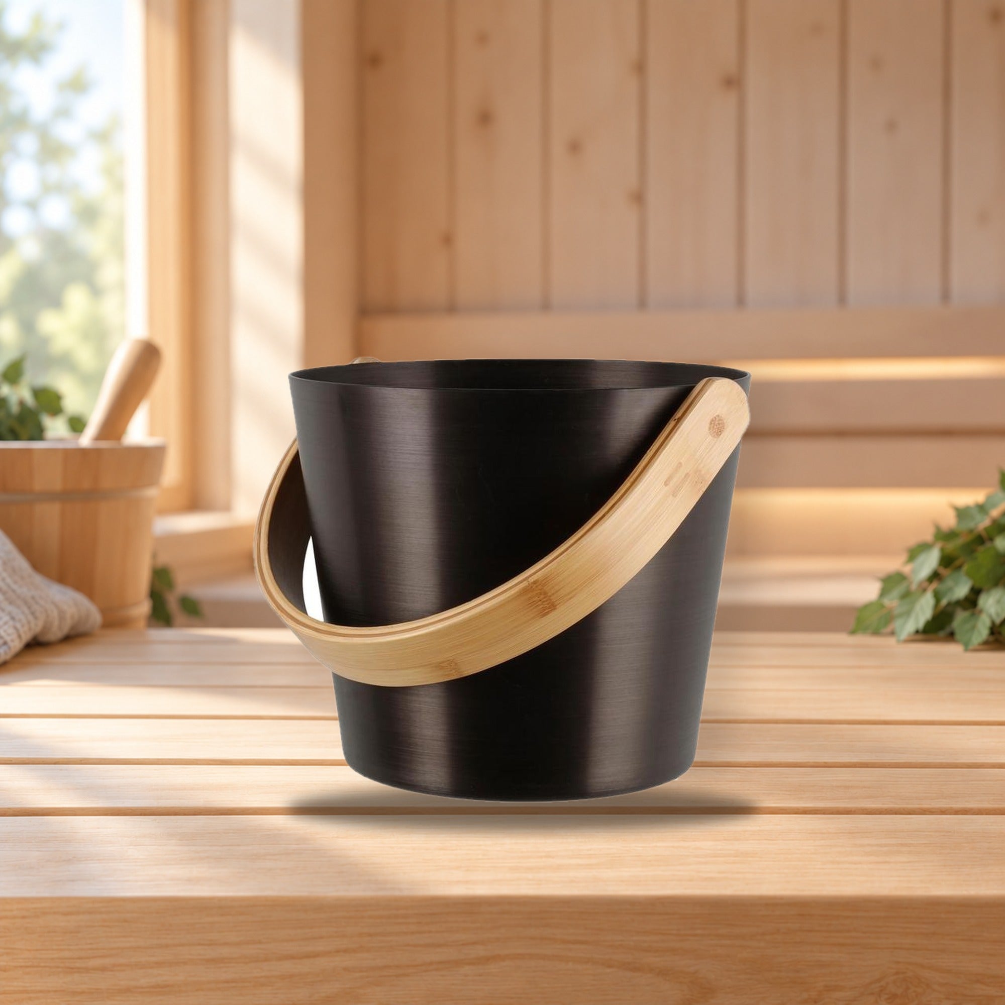 Rento Sauna Bucket Aluminum Tar Brown – product photo on a table
