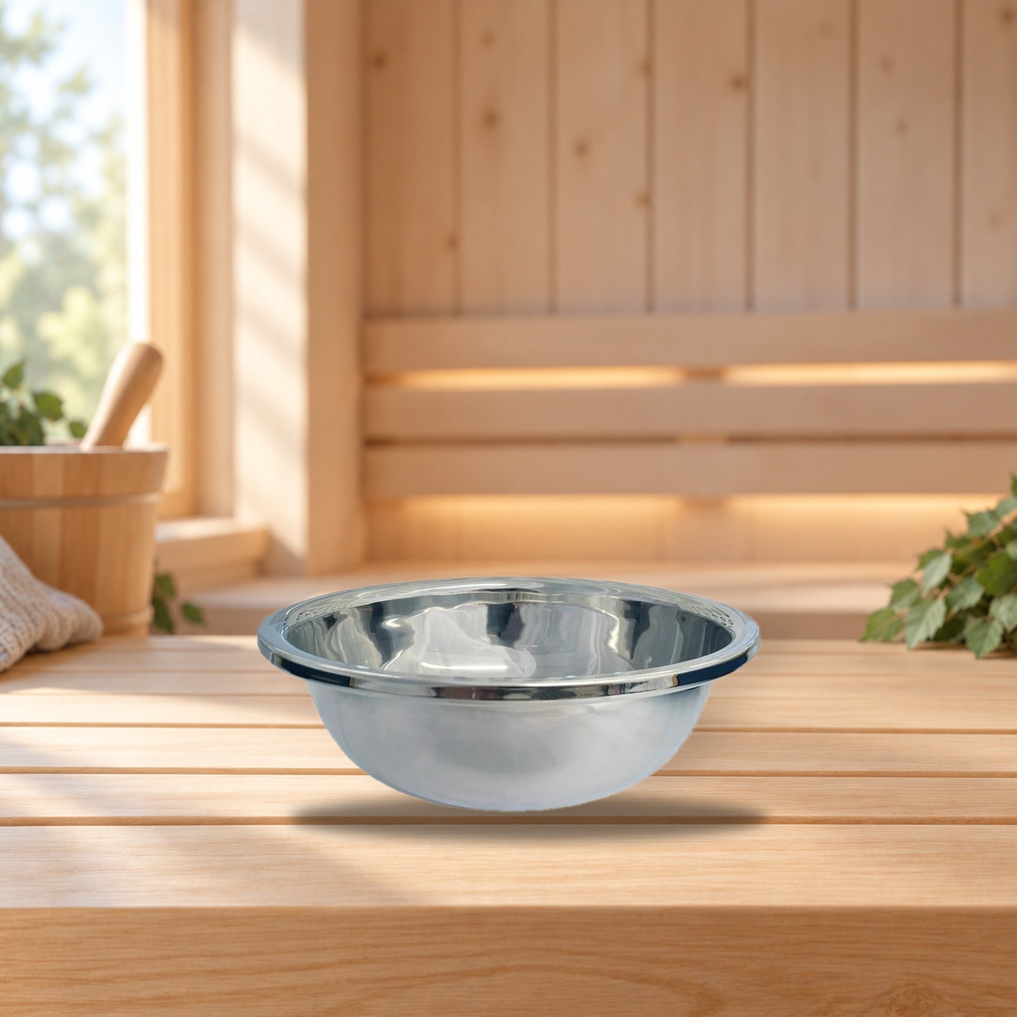 Stainless Steel Wash Basin 35x12 cm 8L for Sauna – product photo on a table
