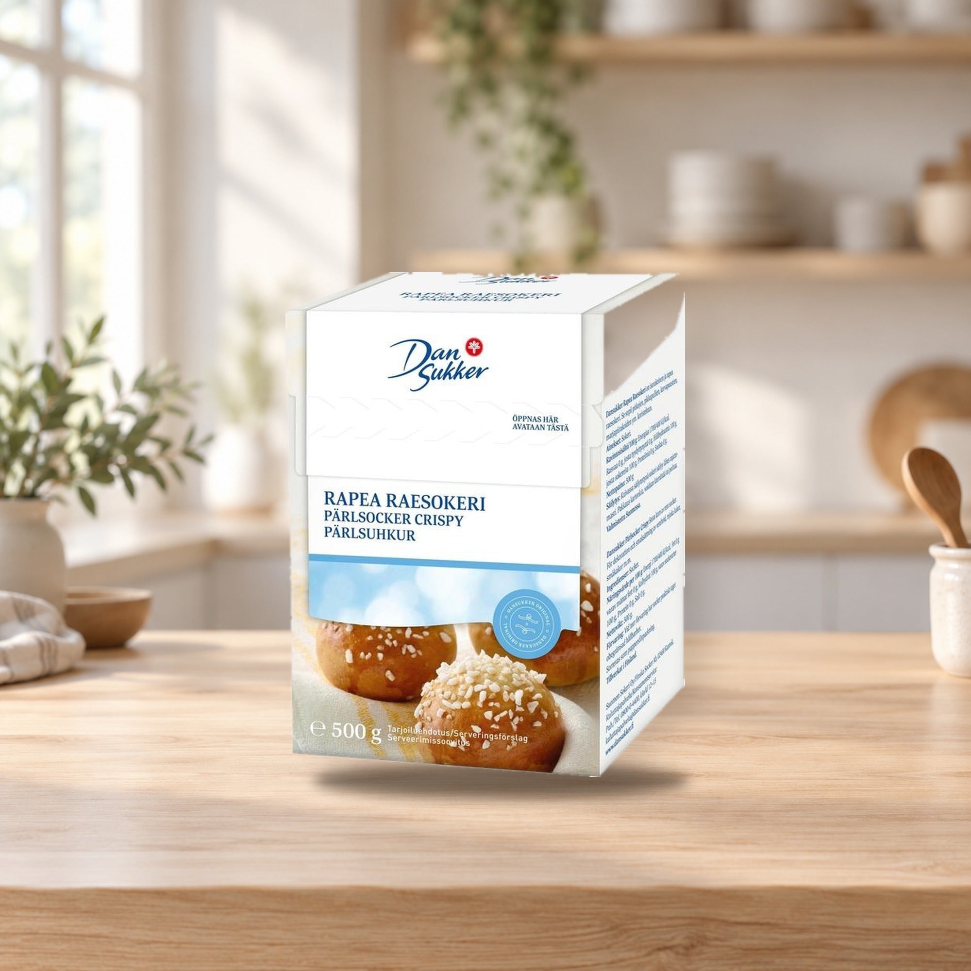 Dansukker Crunchy Pearl Sugar 500g – product photo on a table