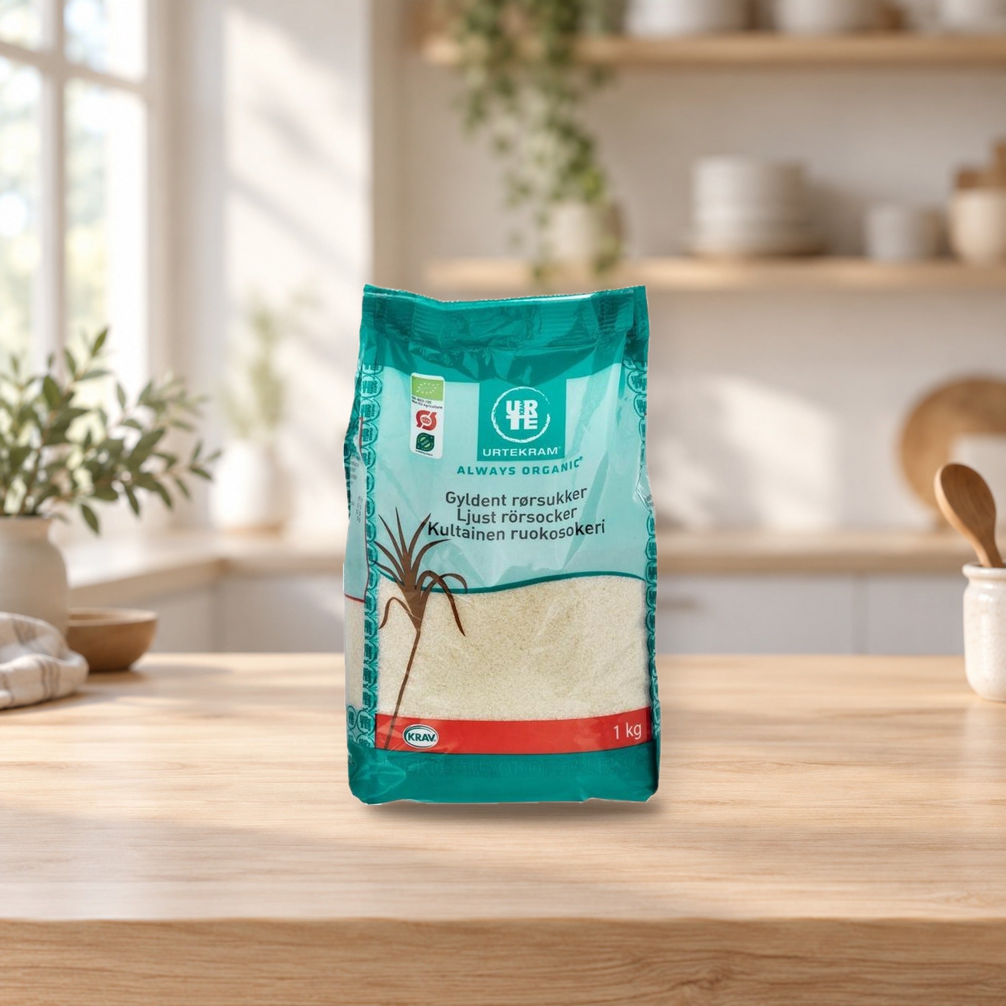 URTEKRAM Organic Golden Cane Sugar 1kg – product photo on a table