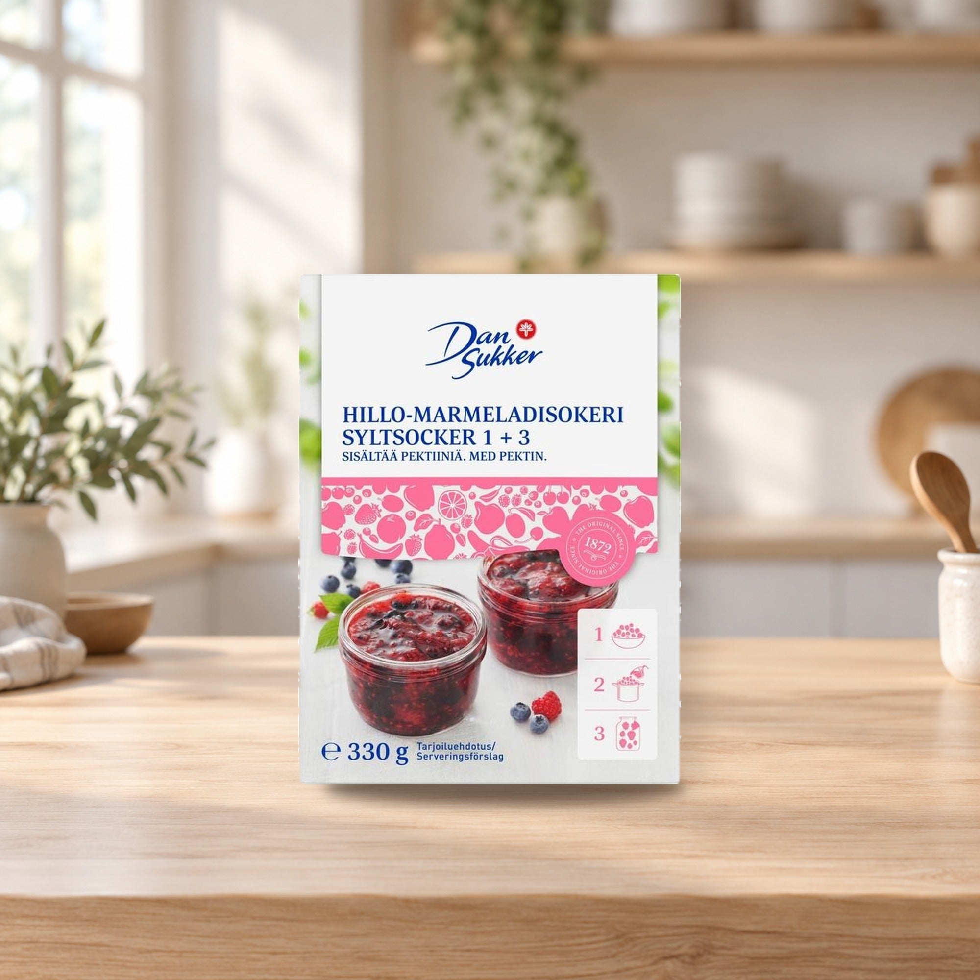 Dansukker Jam-Marmalade Sugar 1+3 330g for Perfect Preserves – product photo on a table
