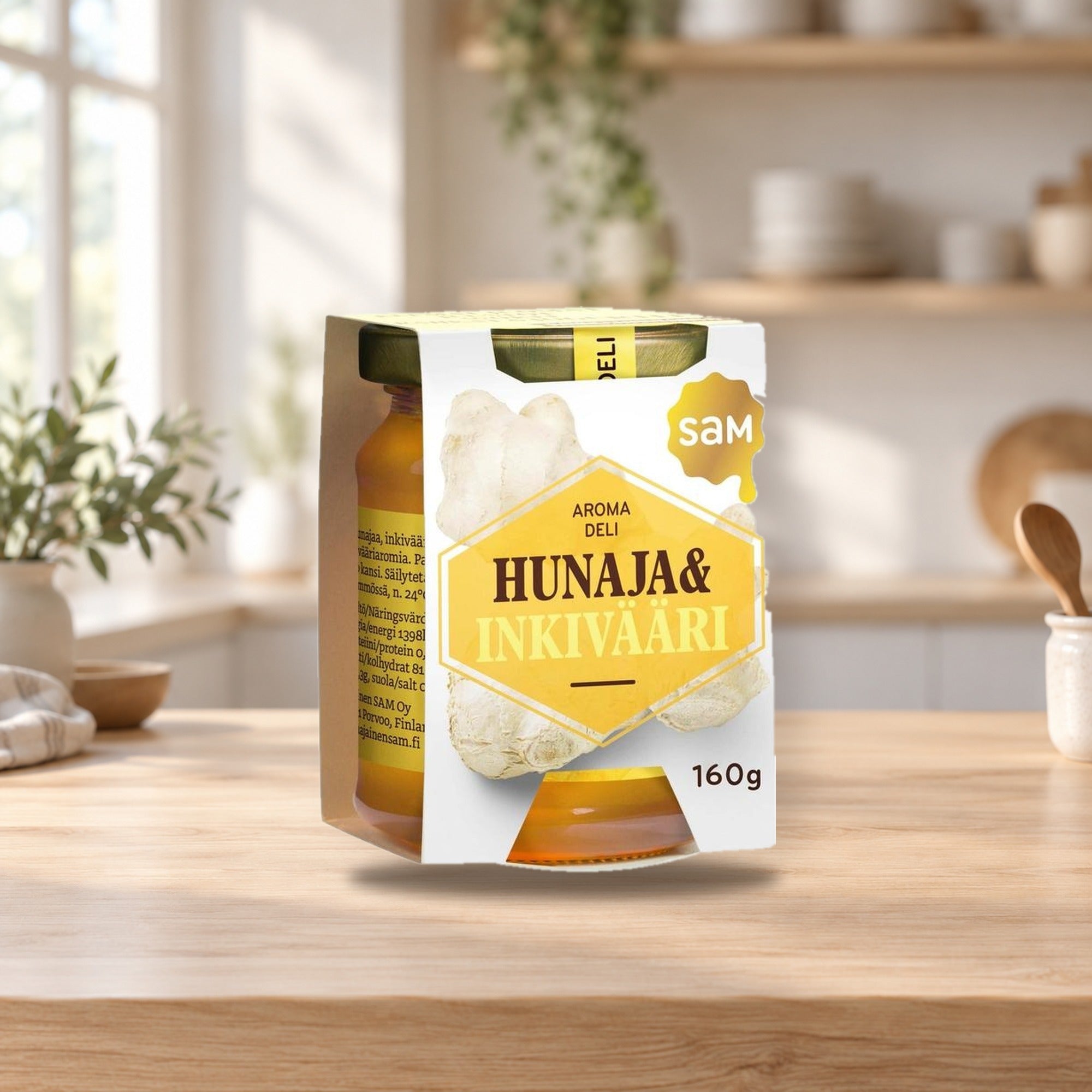 Hunajainen SAM Honey & Ginger 160g – product photo on a table