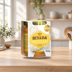 Hunajainen SAM Honey & Ginger 160g – product photo on a table