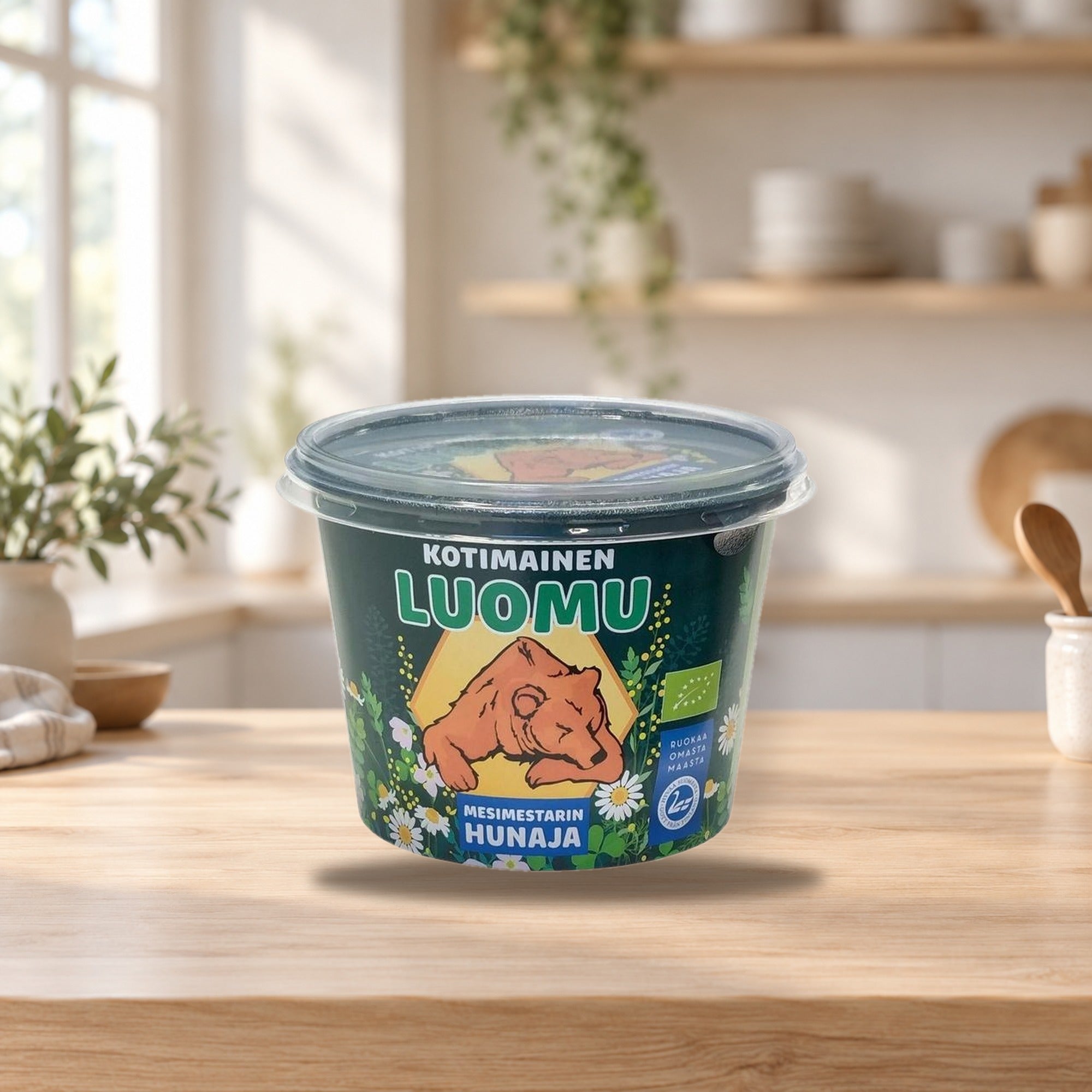 Mesimestarin Soft Finnish Organic Honey 350g – product photo on a table