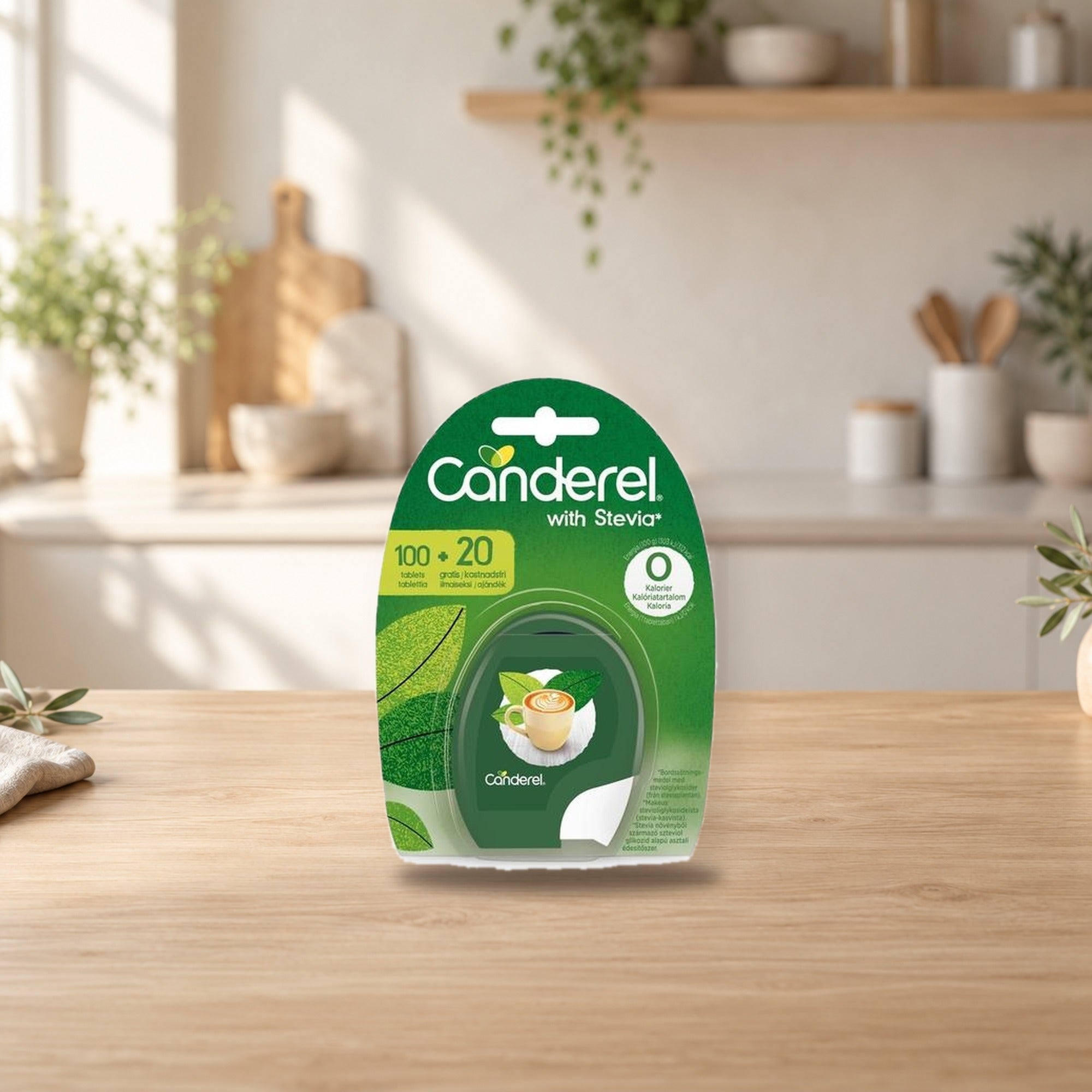 Canderel Stevia Sweetener Tablets 120 pcs – product photo on a table