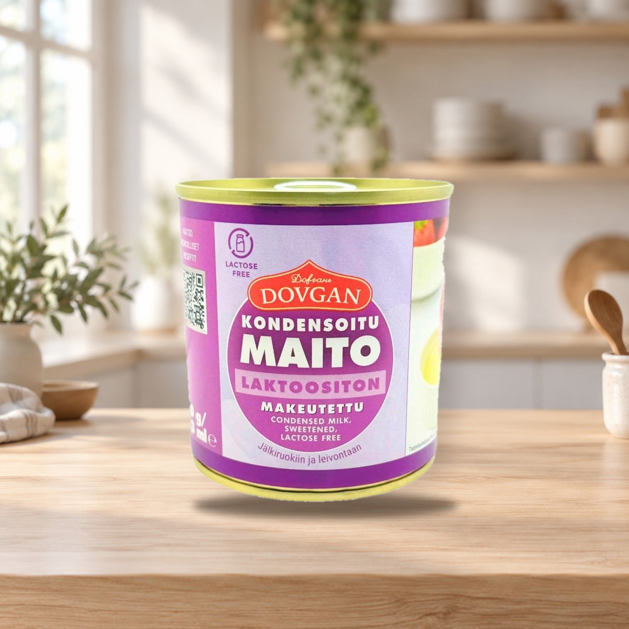 Dovgan Lactose-Free Sweetened Condensed Milk 370g – product photo on a table