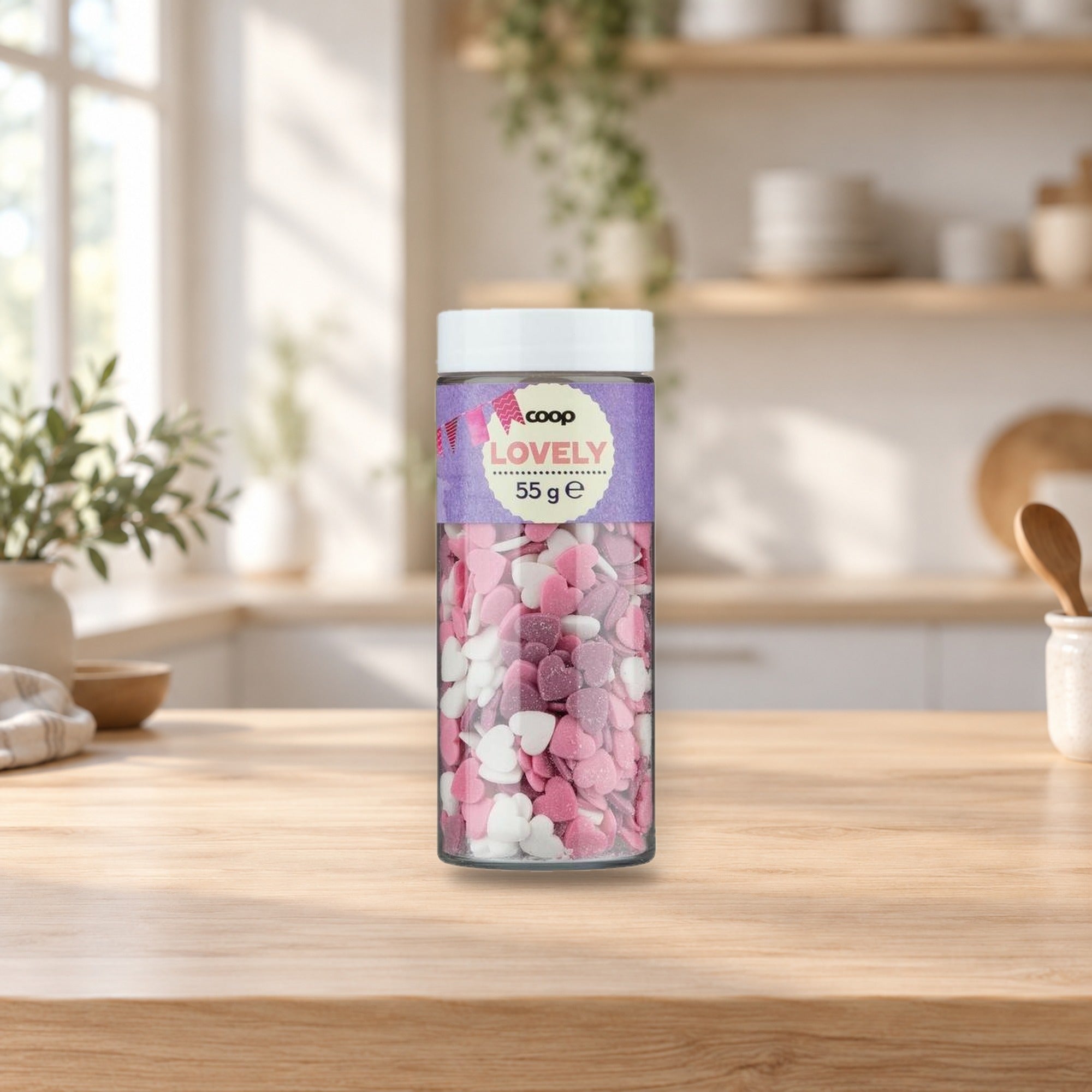 Coop Heart-Shaped Sprinkles 55g for Cakes & Ice Cream – product photo on a table