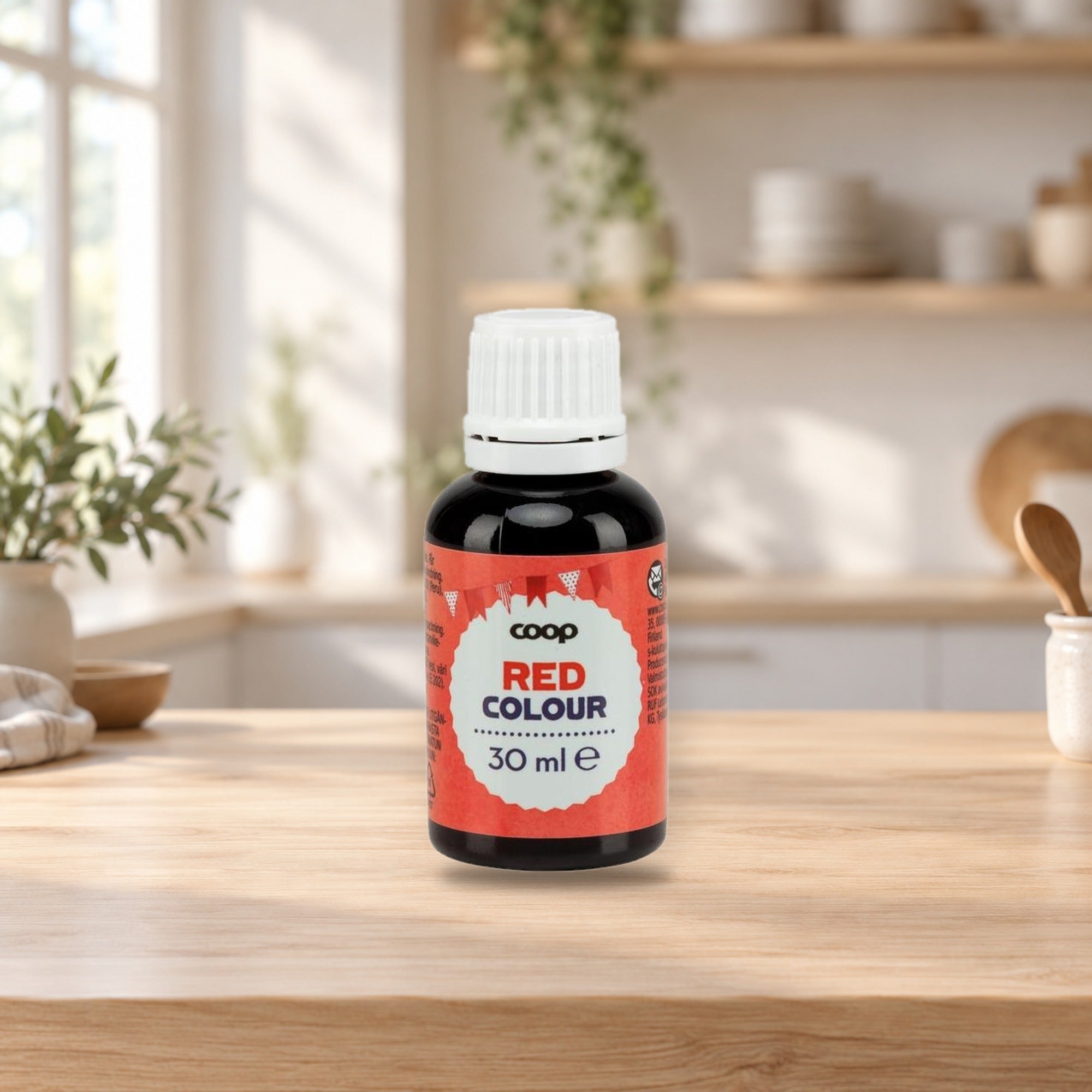 Coop Red Food Coloring 30ml – product photo on a table