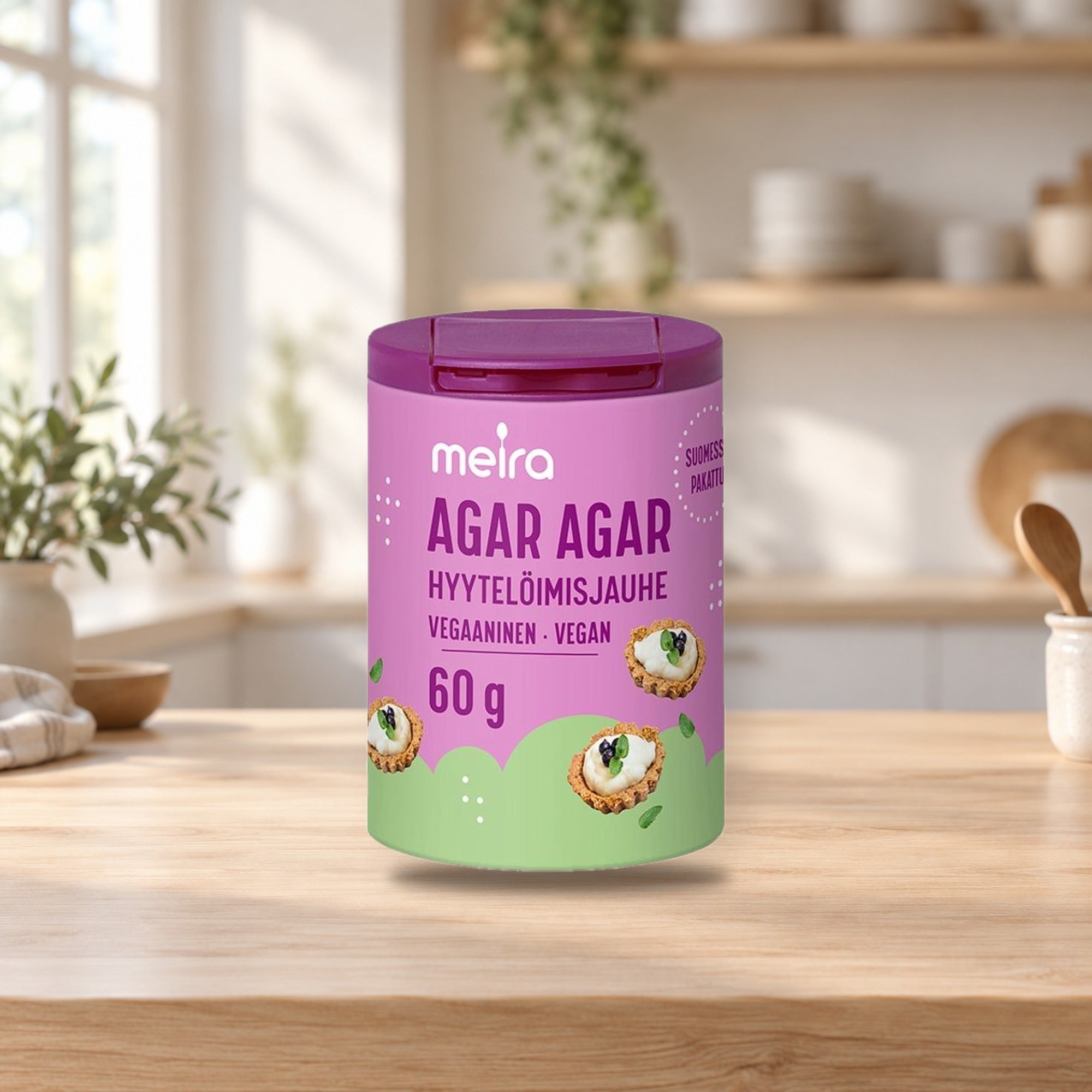 Meira Agar Agar Gelling Powder 60g for Vegan Cooking – product photo on a table
