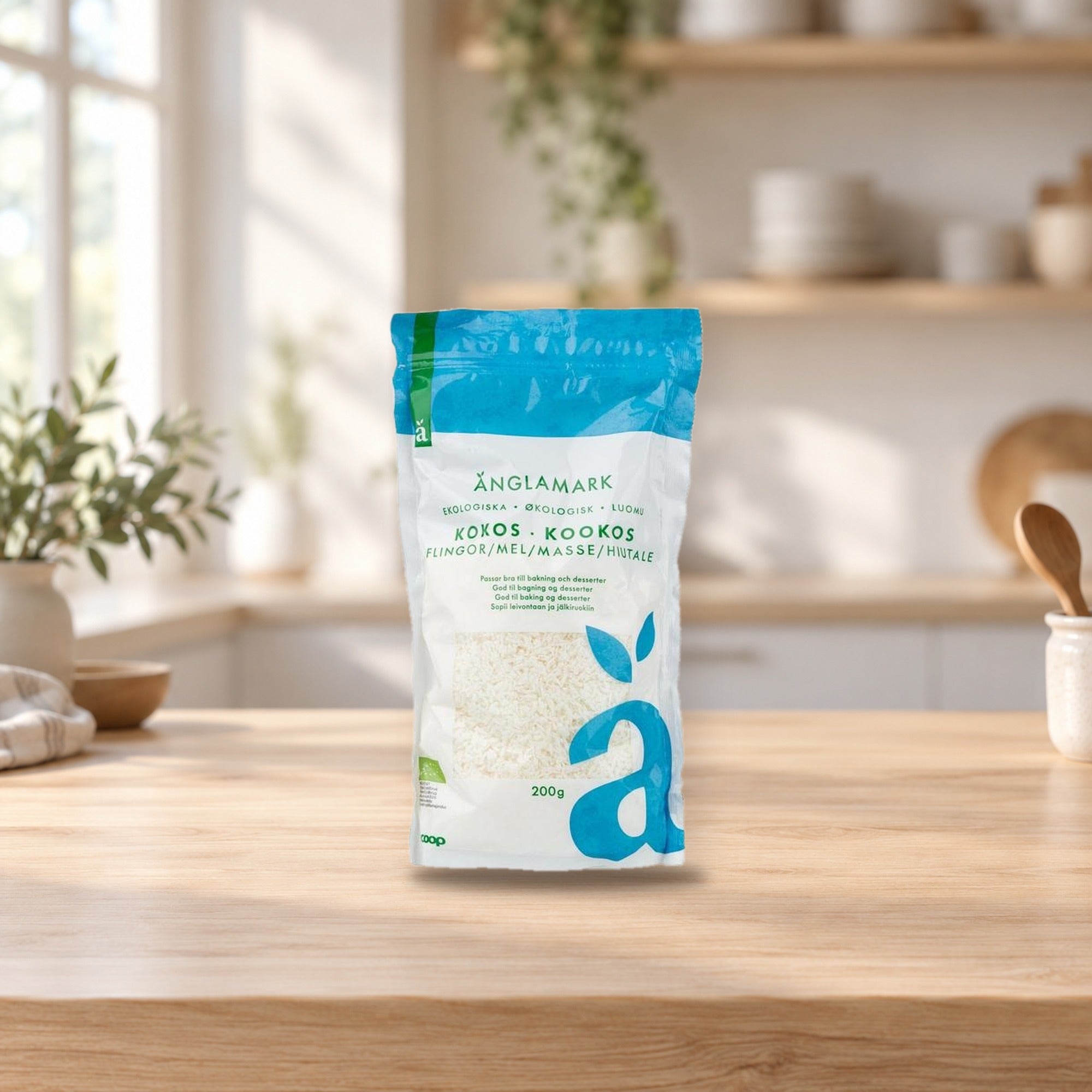 Organic Coconut Flakes 200g – product photo on a table