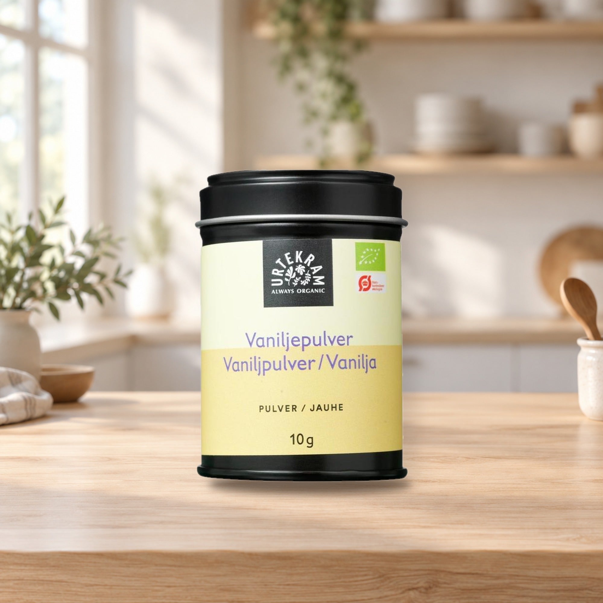 Urtekram Organic Vanilla Powder 10g – product photo on a table