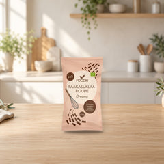 Foodin Organic Raw Chocolate Crumbs 100g – product photo on a table