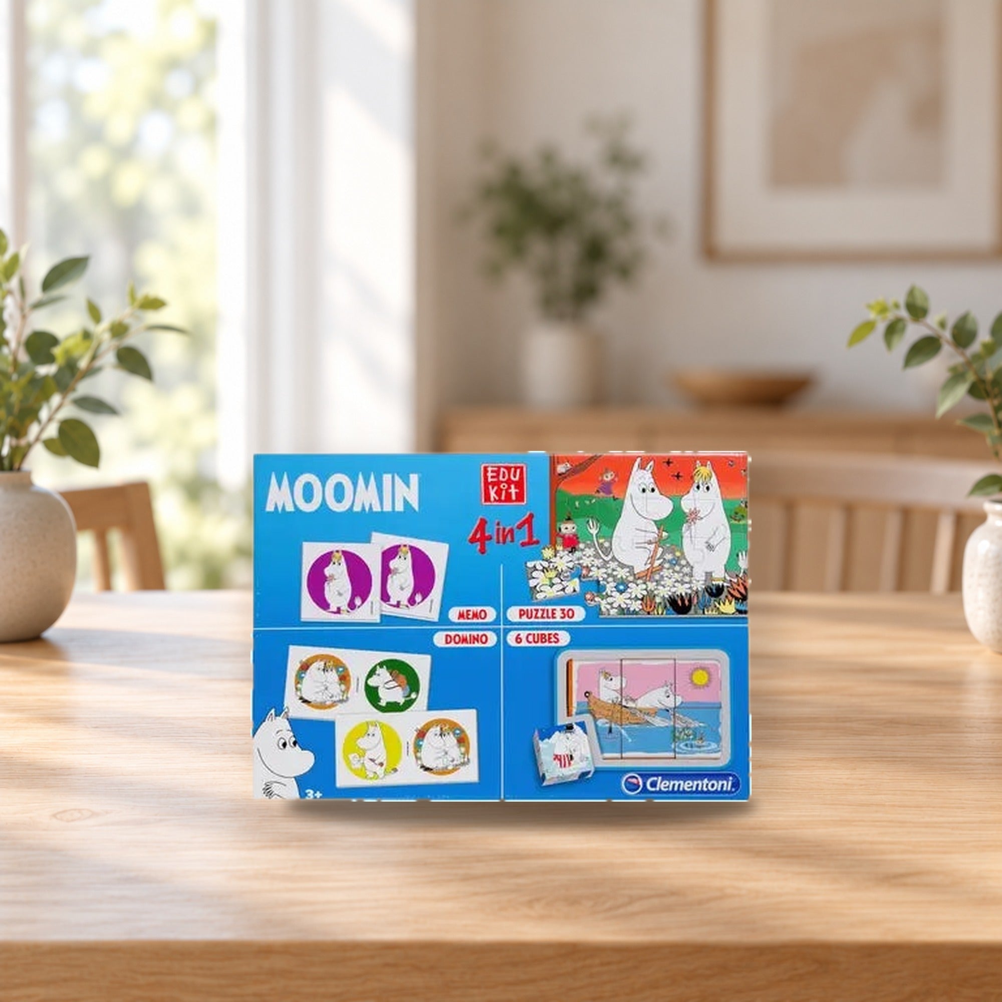 Clementoni Edukit 4-in-1 Moomin Game Set – Puzzle, Memory, Domino & Cube Block Games for K – product photo on a table