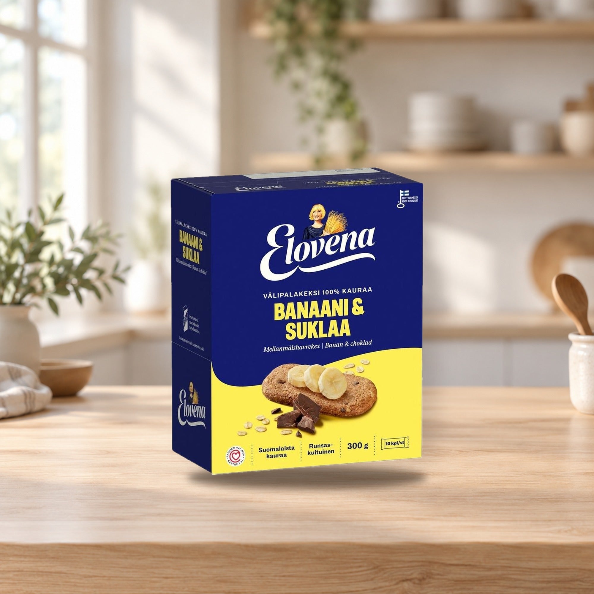 Elovena Banana Chocolate Whole Grain Snack Biscuit 100% Oats – product photo on a table