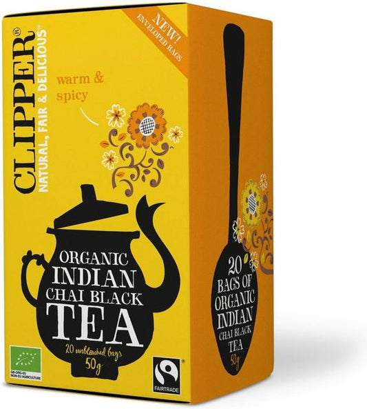 Clipper Organic and Fair Trade Indian Chai Black 20 bags Tea 1 Box of 50g 1.8oz - Soposopo