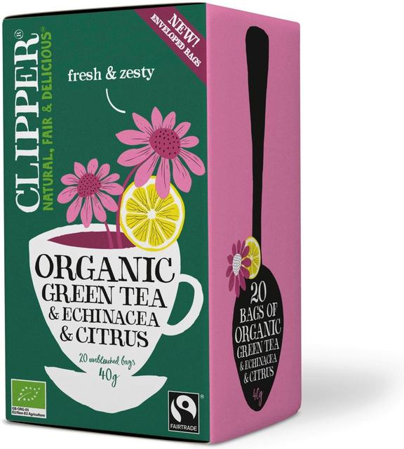 Clipper Organic Green Tea with Lemon Flavor and Added Echinacea (Echinacea purpurea) 20 bags Tea 1 Box of 50g 1.8oz - Soposopo