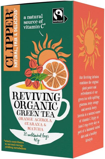 Clipper Organic Green Tea with Orange Flavor Acerola Guarana and Matcha 20 bags Tea 1 Box of 40g 1.4oz - Soposopo