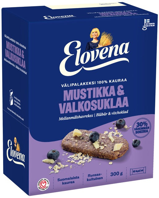 Elovena blueberry-white chocolate whole grain snack 100% oats Cookie 1 Box of 300g 10.6 oz - Soposopo