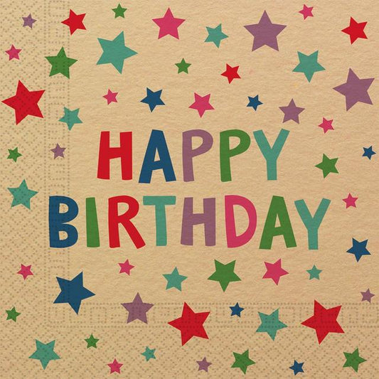Kraft Happy Birthday with Stars FSC 2-ply Paper Napkins 33x33cm - Soposopo