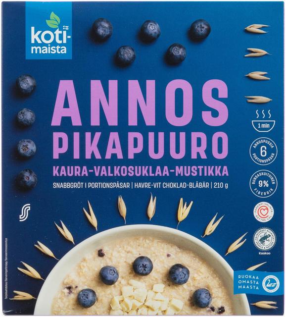 Kotimaista Instant Porridge Oat-White Chocolate-Blueberry 210 g (6 x 35 g) - Soposopo