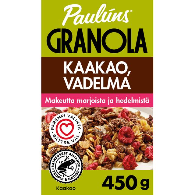 Paulúns cocoa and raspberry granola cereal muesli 450 g - Soposopo