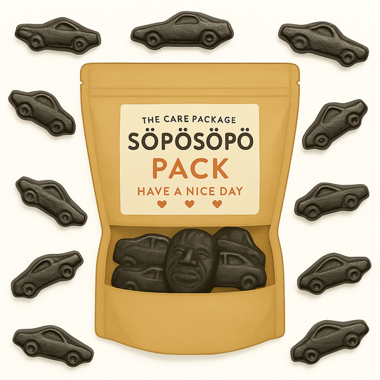 SÖPÖSÖPÖ Scandinavian Treat Pack – Cloetta Musta Auto Salty Licorice Cars Gummies – 150g SÖPÖSÖPÖ Pack
