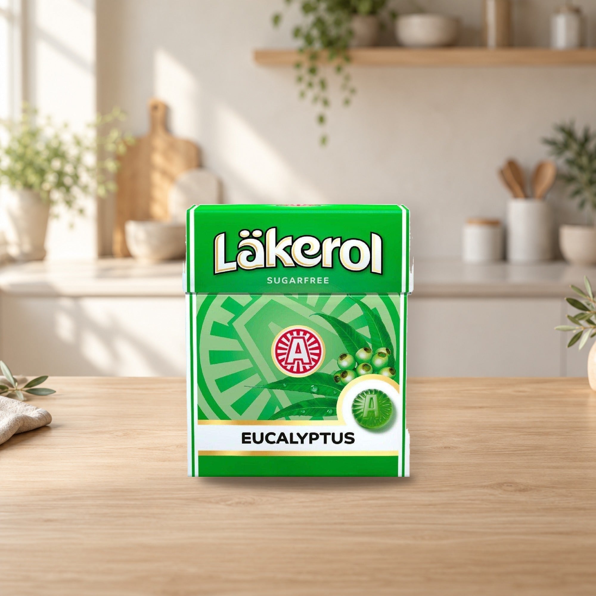 Läkerol Eucalyptus Sugar-Free Pastilles 25g Box – product photo on a table