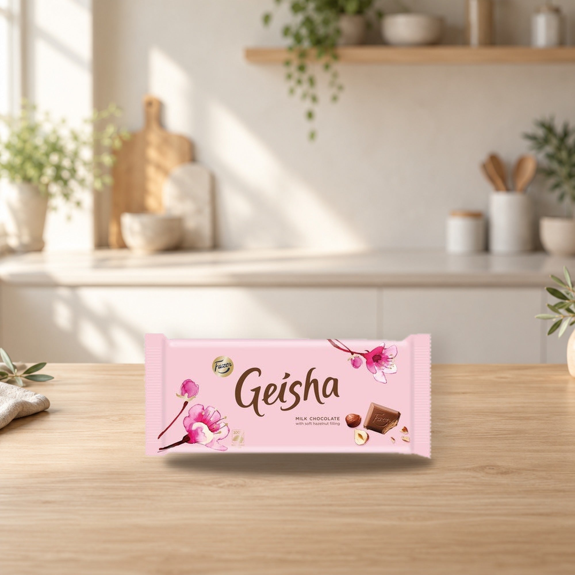 Fazer Geisha Chocolate Bar 100g with Hazelnut Nougat – product photo on a table