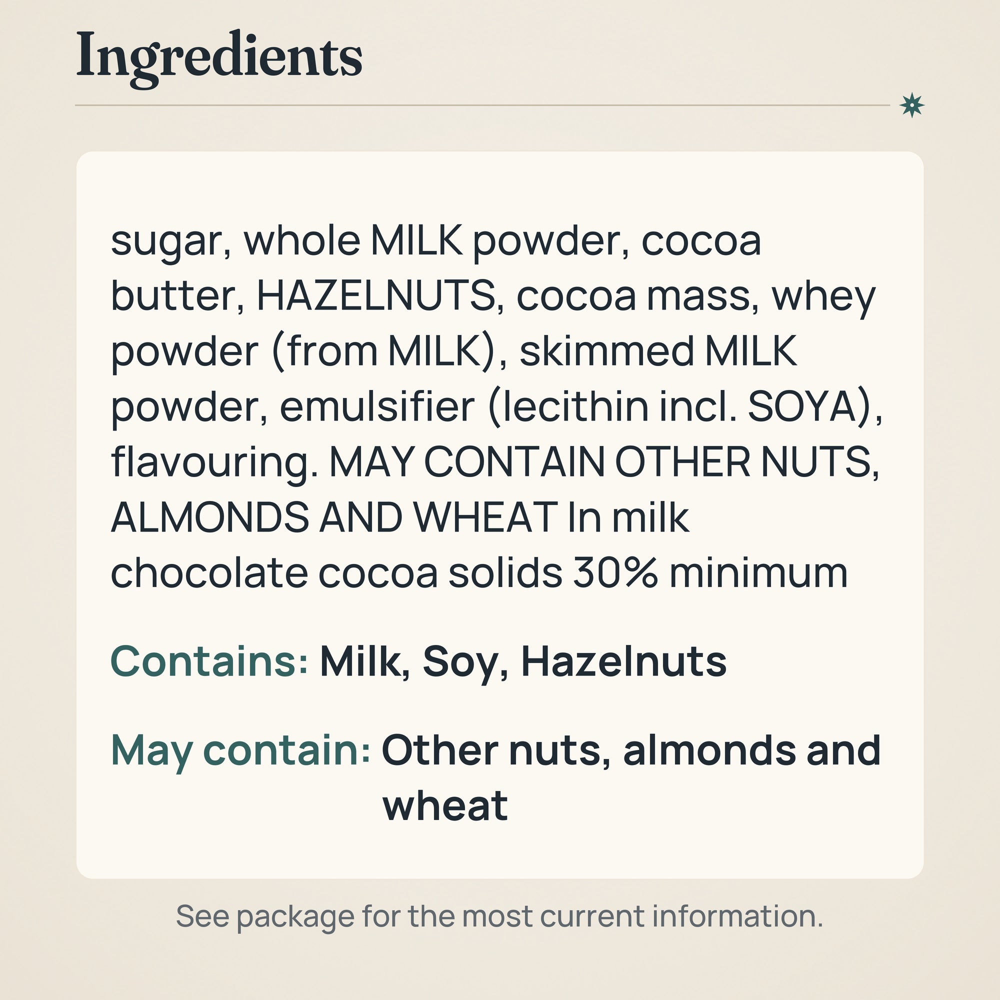 Fazer Chopped Hazelnuts in Milk Chocolate 180g Bar – Ingredients and allergens