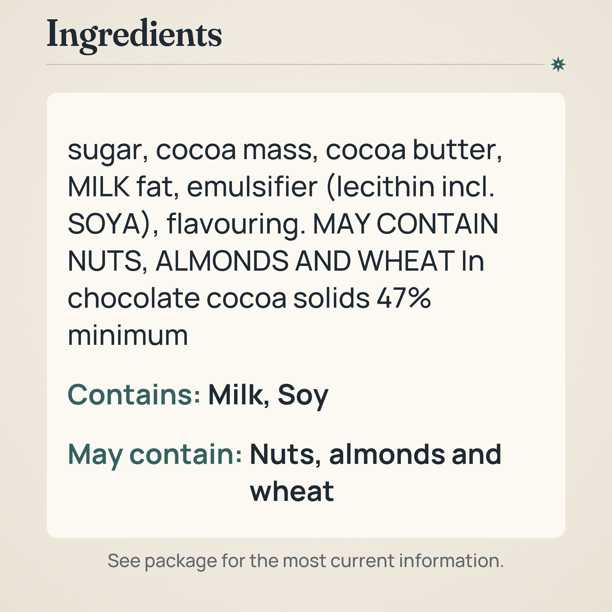 Karl Fazer 47% Dark Chocolate Bar 180g – Ingredients and allergens