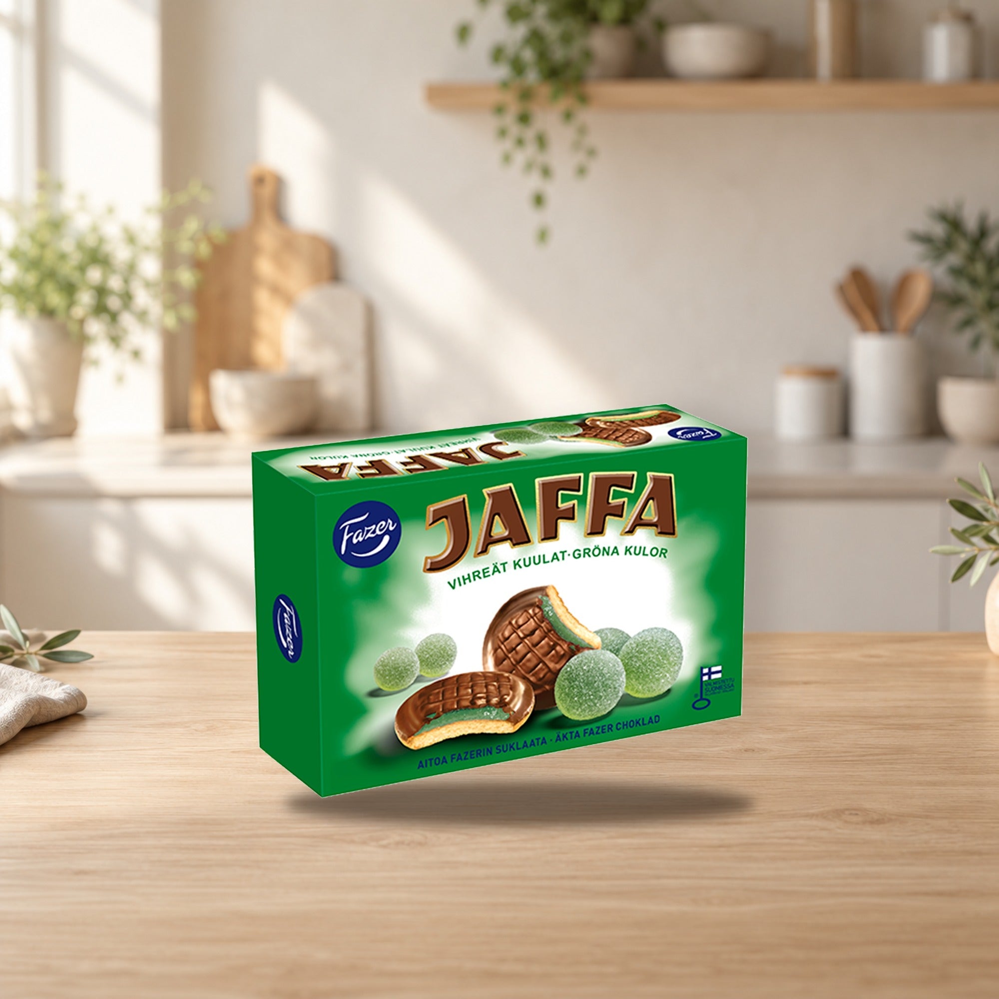 Fazer Jaffa Green Jellies Gummy 300g Box – product photo on a table
